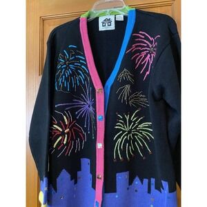 Vtg Women's Storybook Knits City Skyline Fireworks  Cardigan Large Grannycore